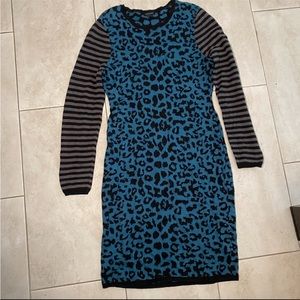 Blue Leopard Print Maxi Dress with Striped Sleeves